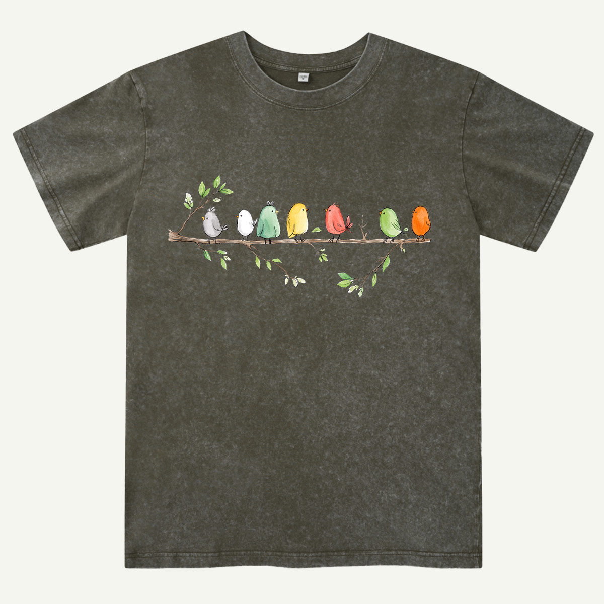 Colorful Songbirds On Branch Washed T-Shirt