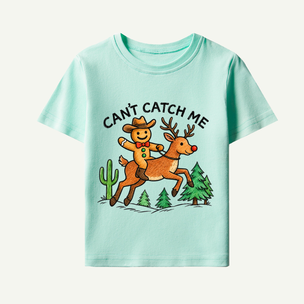 Cant Catch Me Cowboy Gingerbread Reindeer Christmas Kids T-Shirt