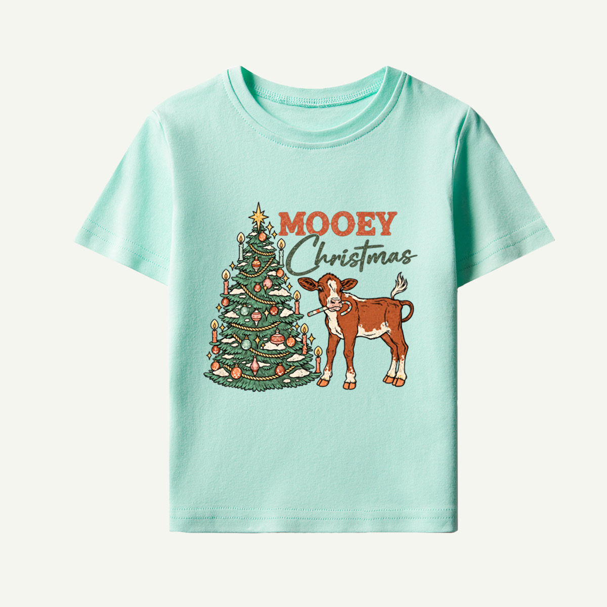 Mooey Christmas Cow Holiday Scene Kids T-Shirt