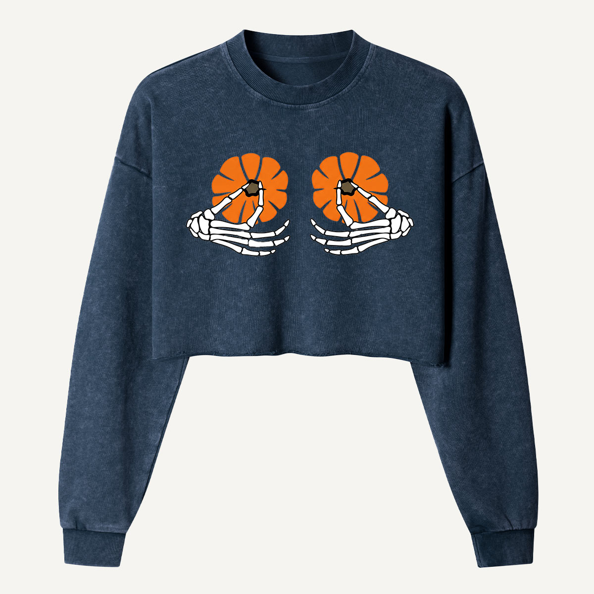 Skeleton Hands Holding Pumpkins Women's Washed Cropped Sweatshirt