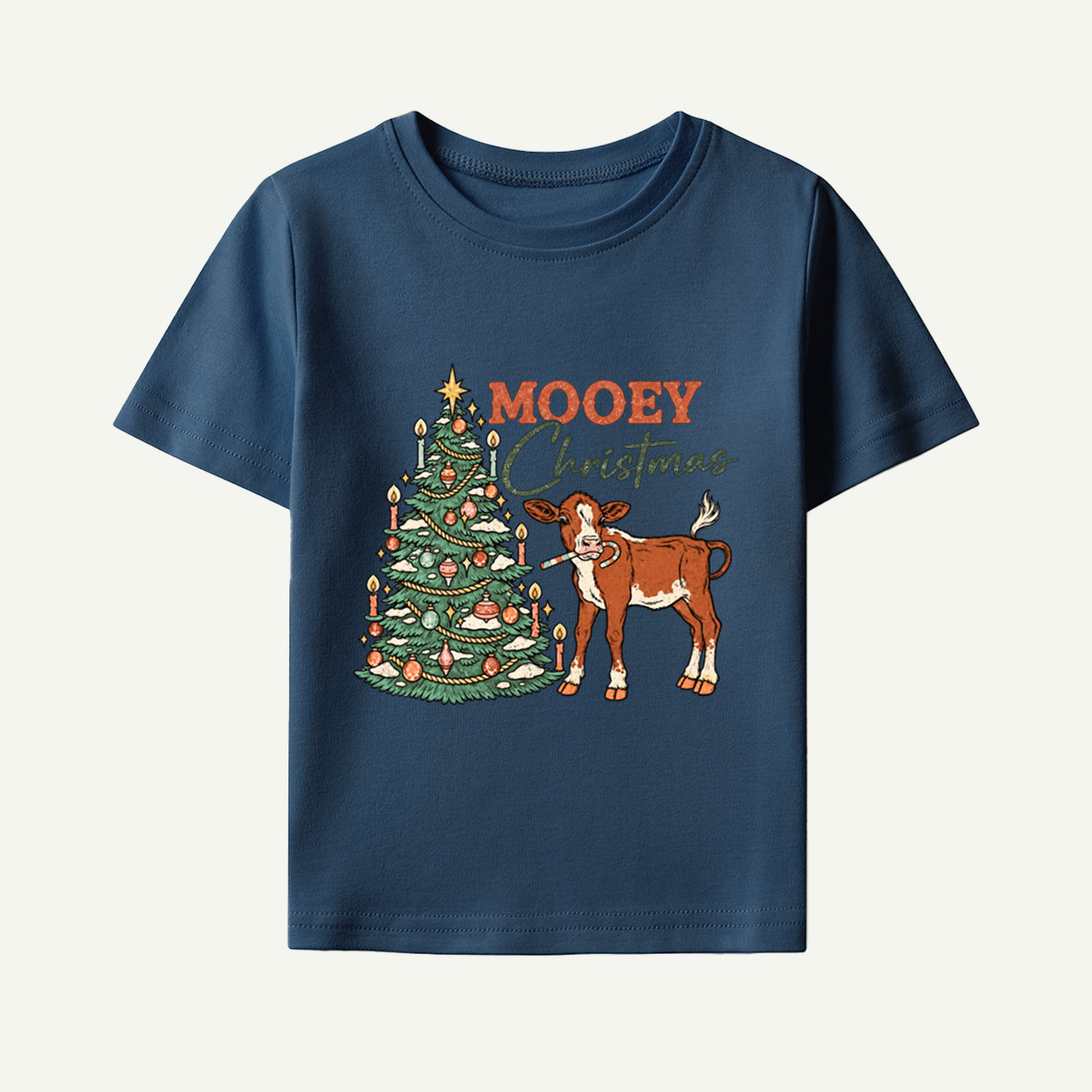 Mooey Christmas Cow Holiday Scene Kids T-Shirt
