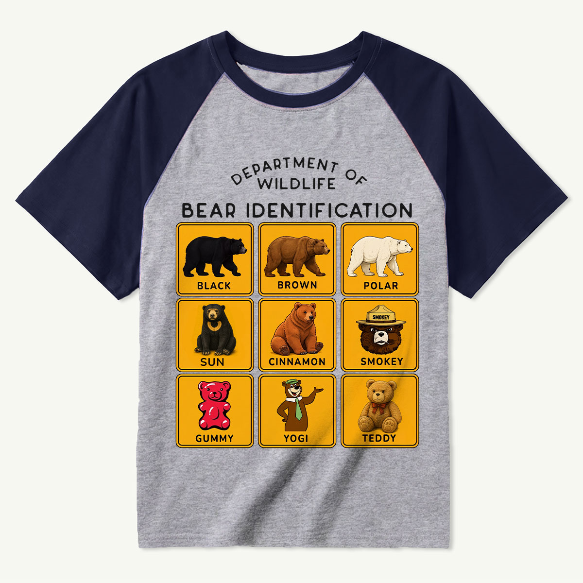 Department of Wildlife Bear Identification Gummy Bear Raglan T-Shirt
