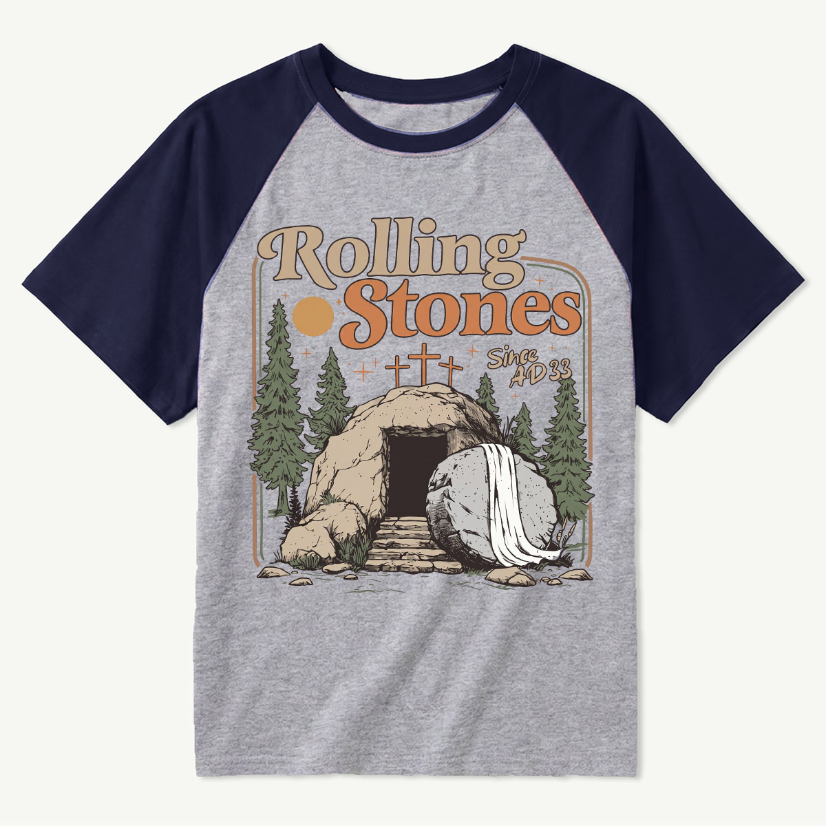 Retro Mountain Nature Cave and Stone Raglan T‑Shirt