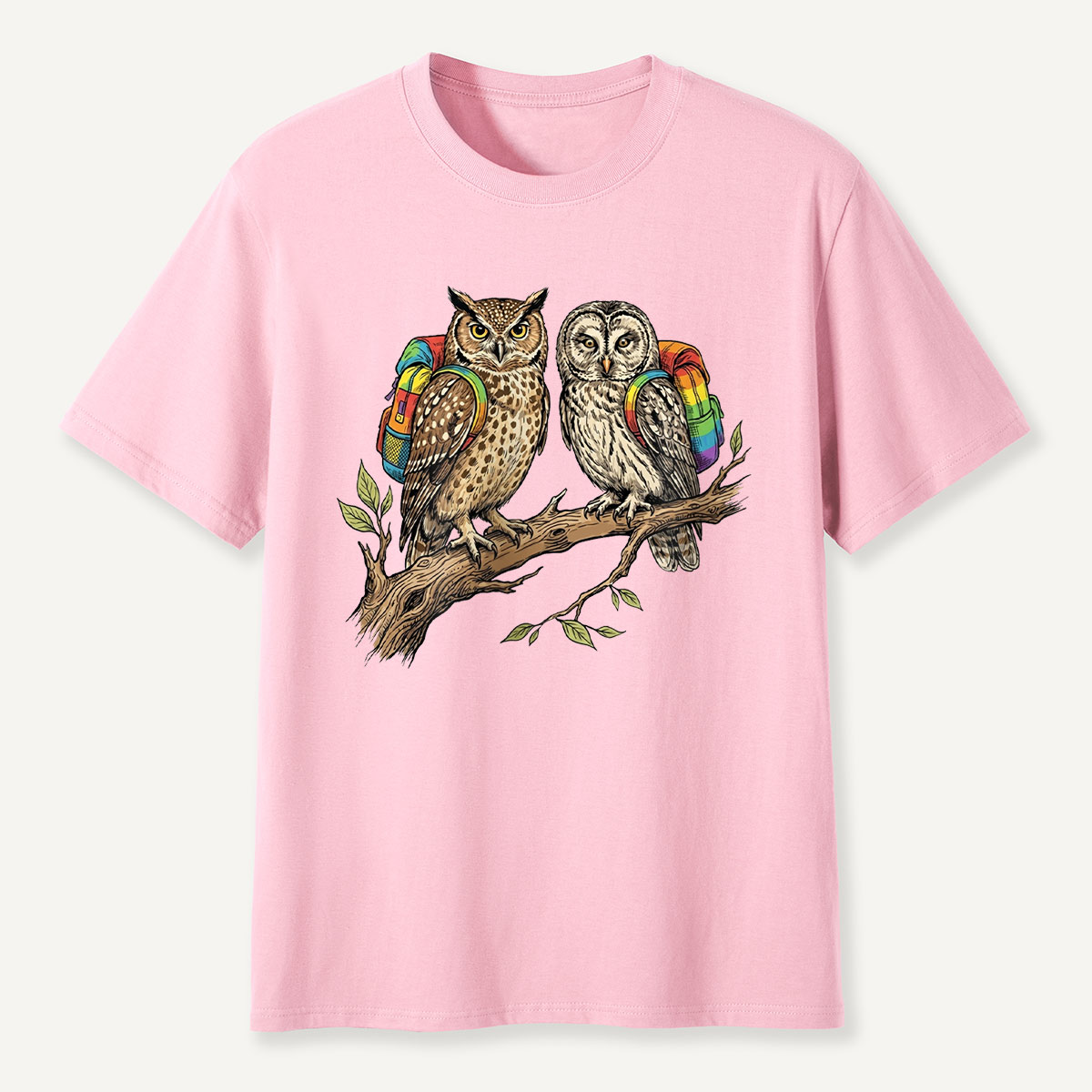 Couple Owls on Branch with Rainbow Backpacks T-Shirt