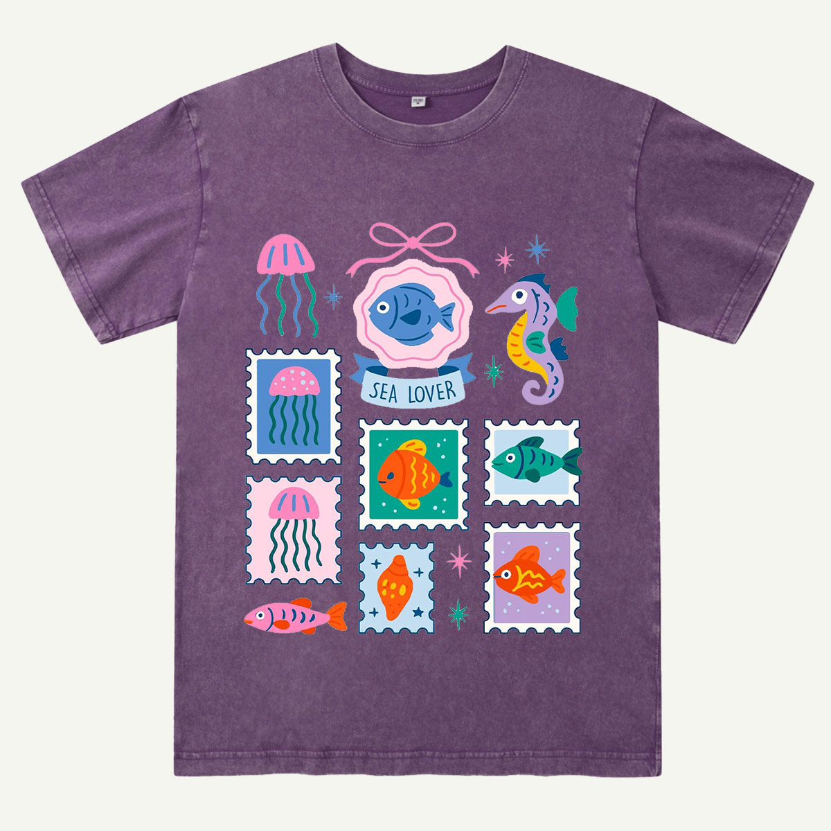 Sea Lover Stamp Ocean Animal Identification Guide Washed T-Shirt