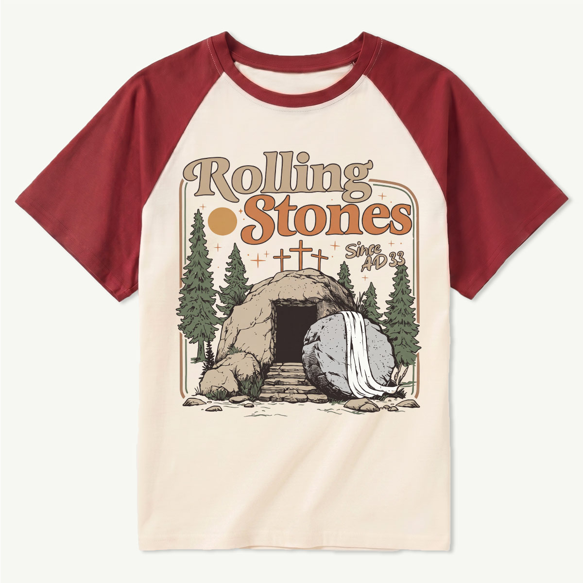 Retro Mountain Nature Cave and Stone Raglan T‑Shirt