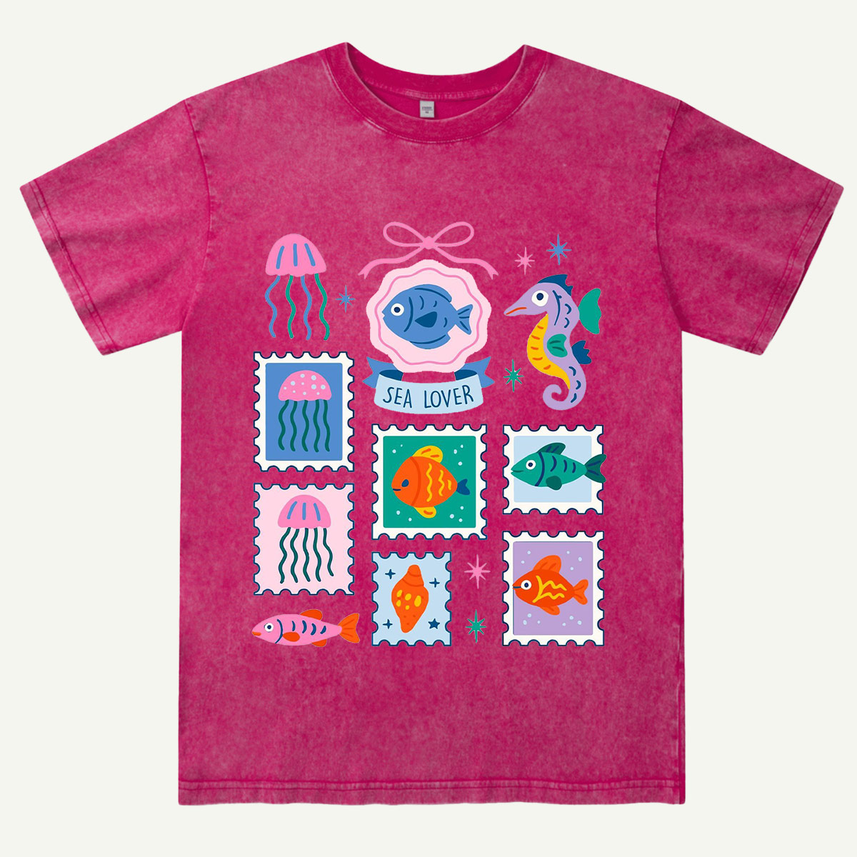 Sea Lover Stamp Ocean Animal Identification Guide Washed T-Shirt