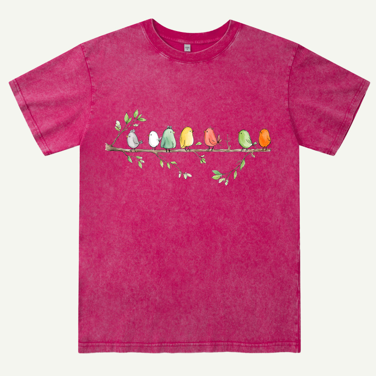 Colorful Songbirds On Branch Washed T-Shirt