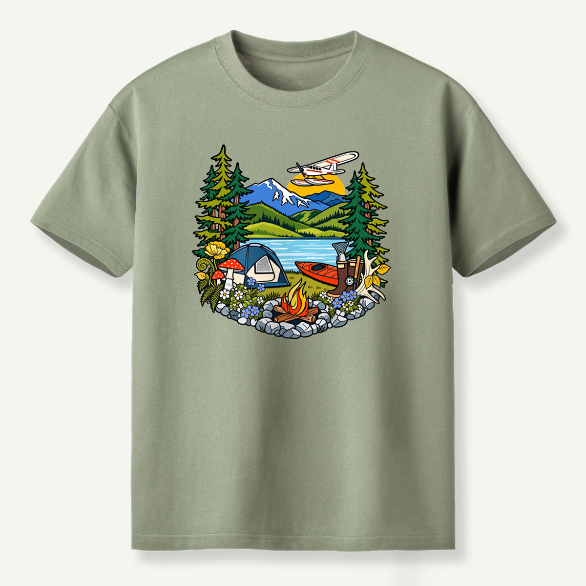 Lake Camping Kayak Seaplane Wilderness Scene T-Shirt