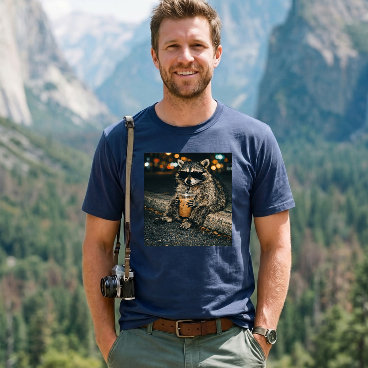 Funny Raccoon Drinking Iced Coffee T-Shirt