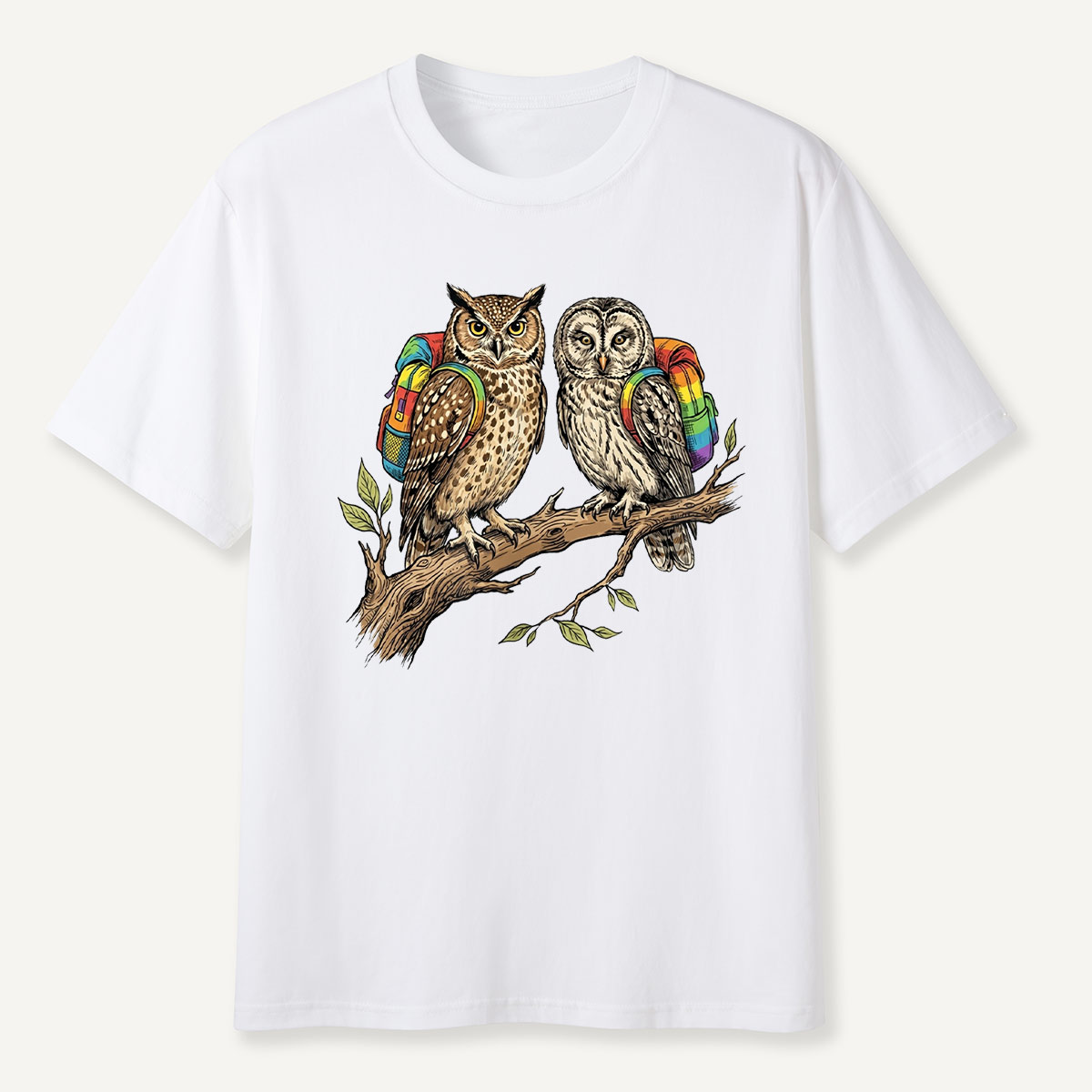 Couple Owls on Branch with Rainbow Backpacks T-Shirt