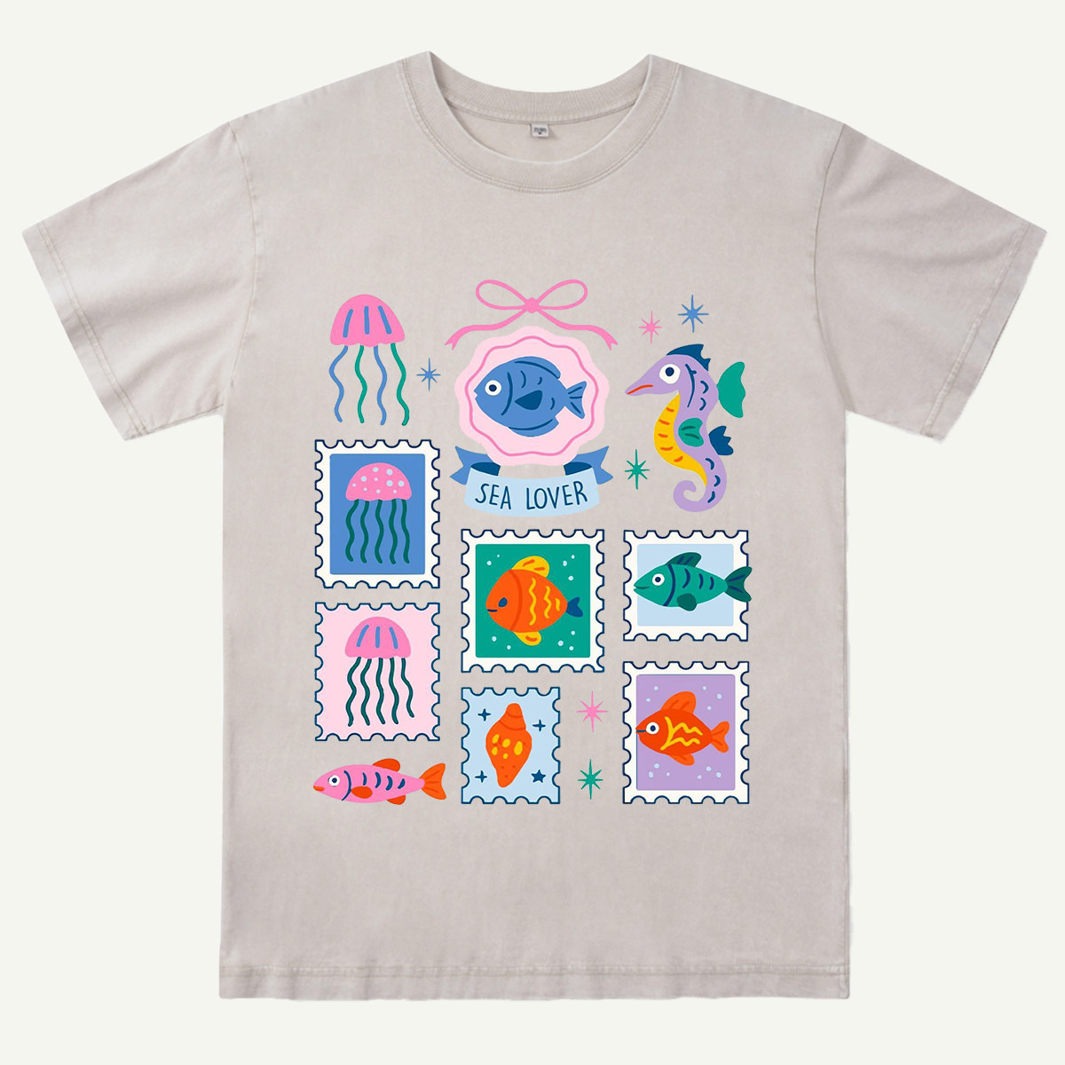 Sea Lover Stamp Ocean Animal Identification Guide Washed T-Shirt