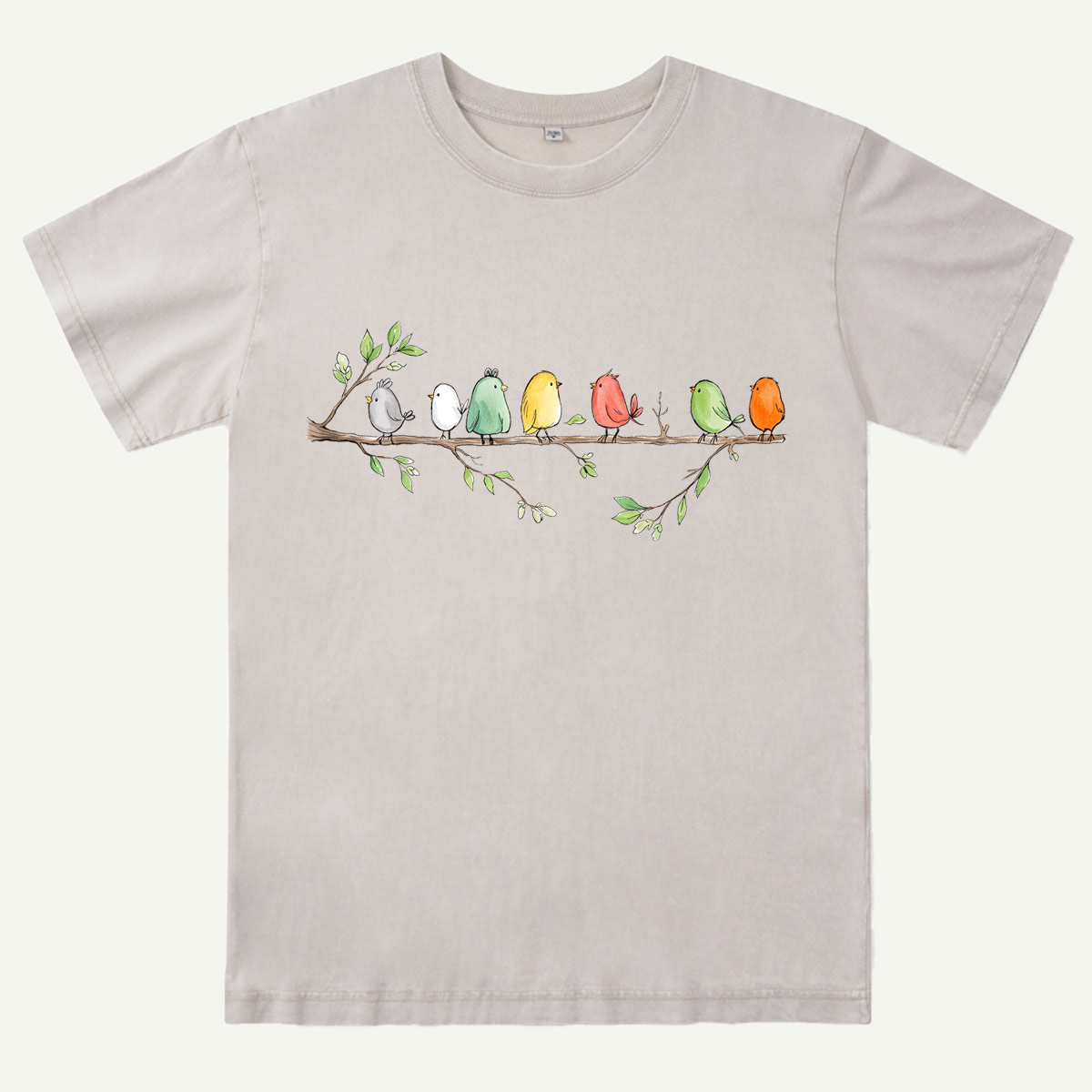 Colorful Songbirds On Branch Washed T-Shirt