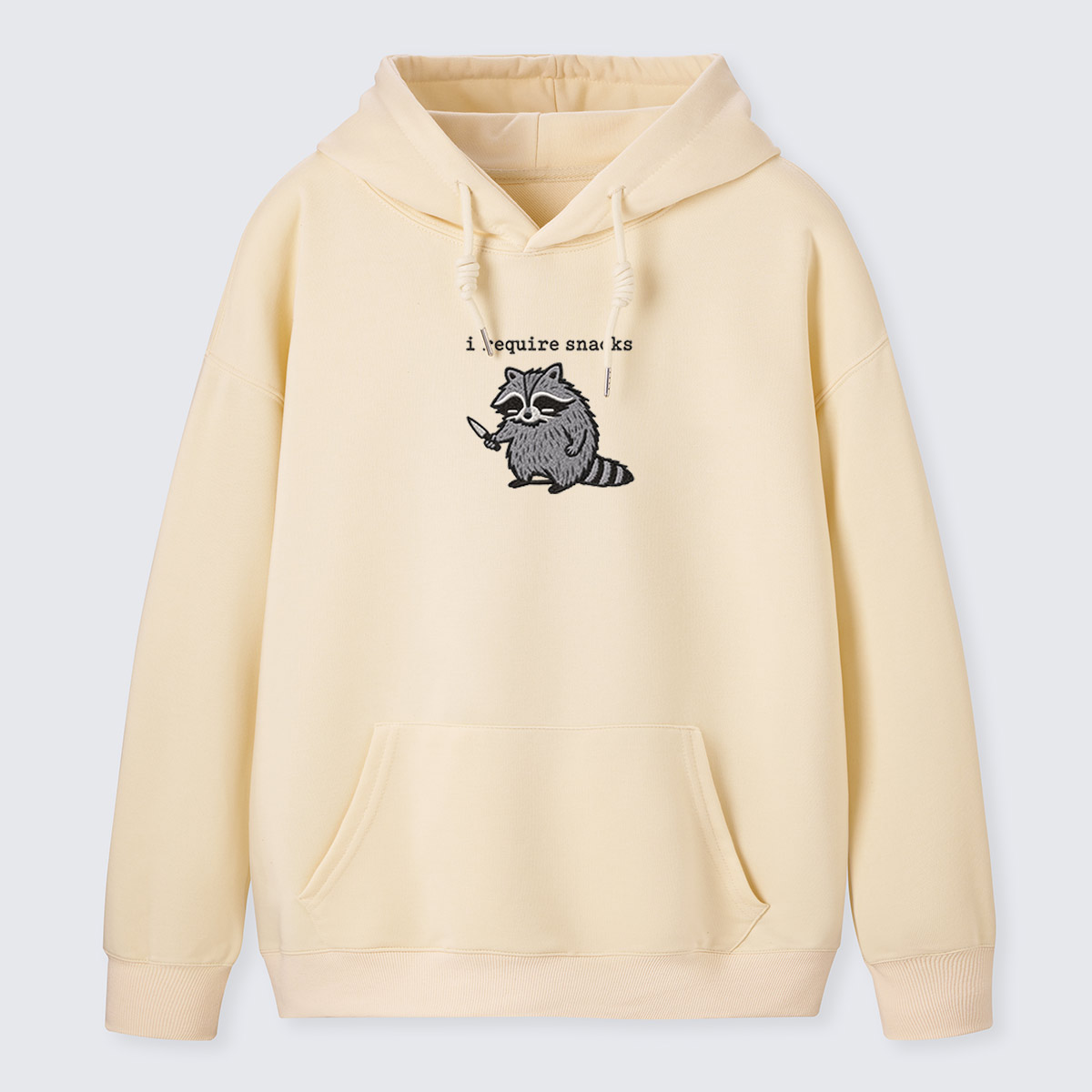 I Require Snacks Raccoon Embroidered Cotton Hoodie