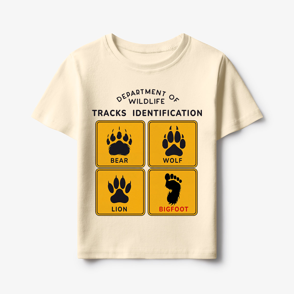 Department of Wildlife Tracks Identification Bear Wolf Lion Cryptids Kids T-Shirt