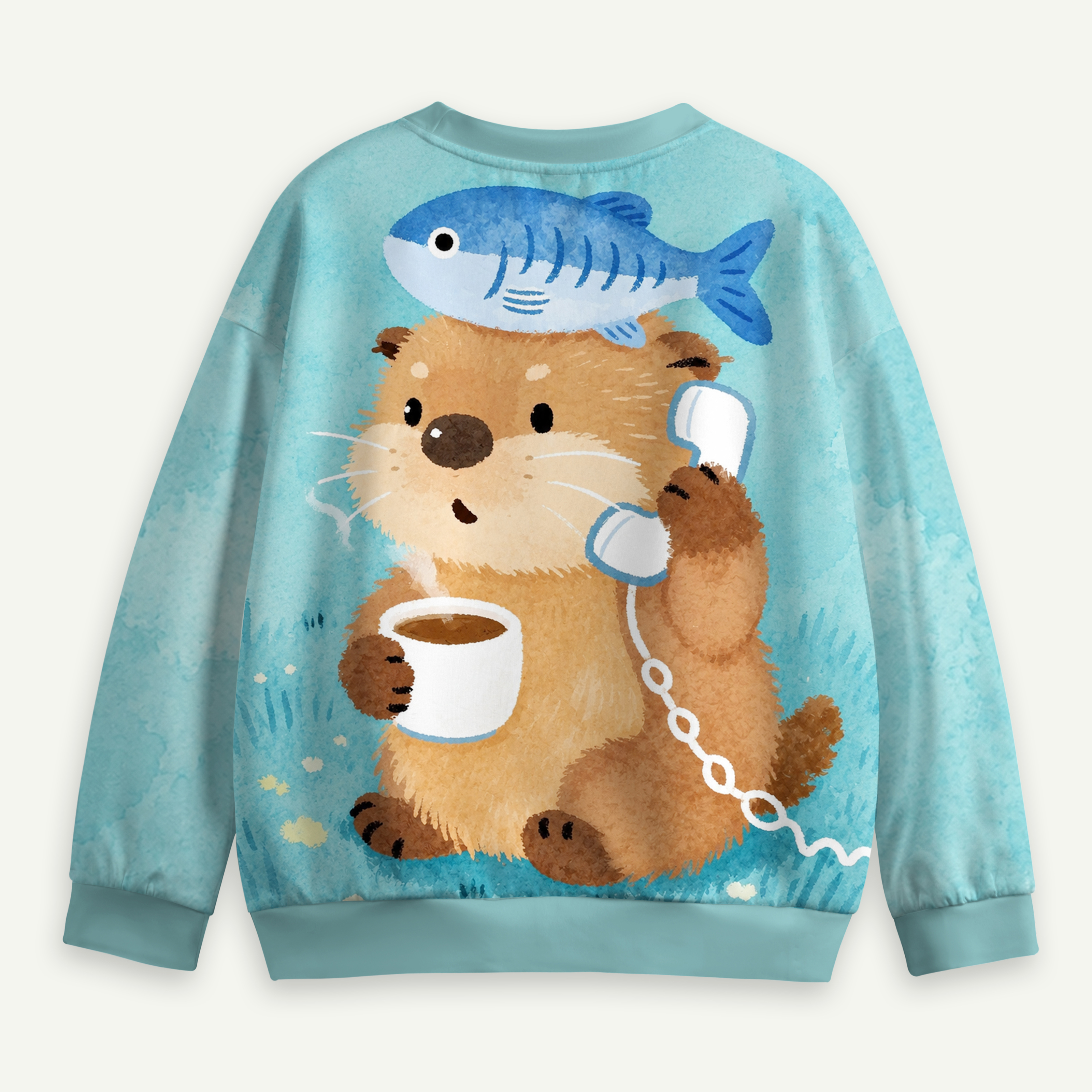 Coffee Break Otter With Fish Hat Kids All-over Printed Sweatshirt