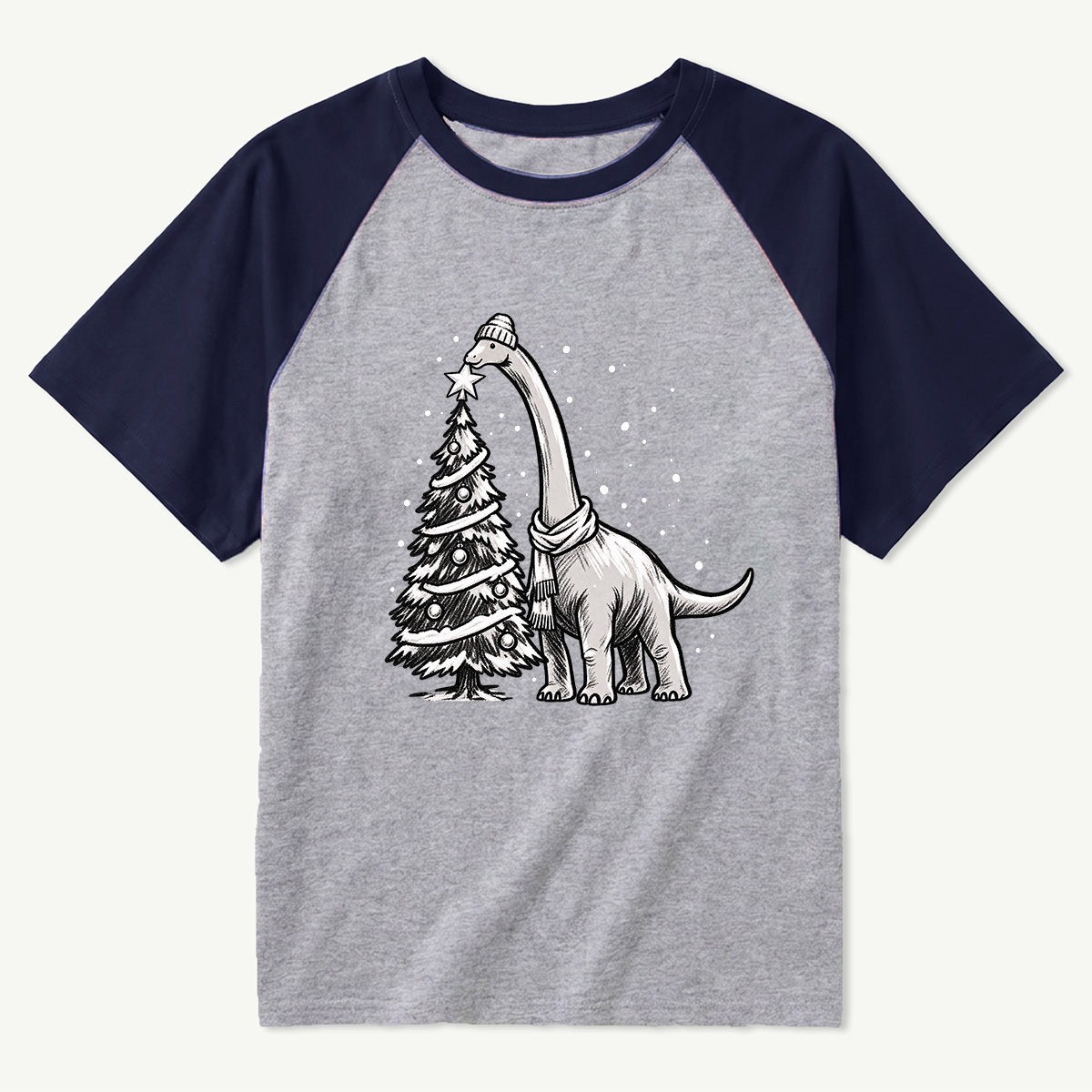 Cozy Long Neck Dinosaur Decorating Christmas Tree Raglan T-Shirt