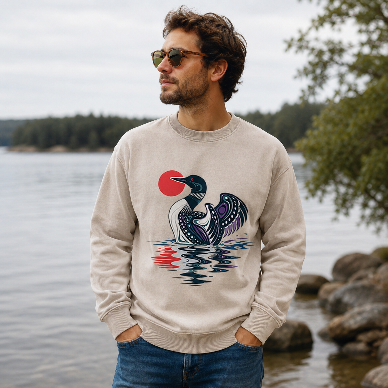 Loon Beneath the Red Sun Washed Sweatshirts