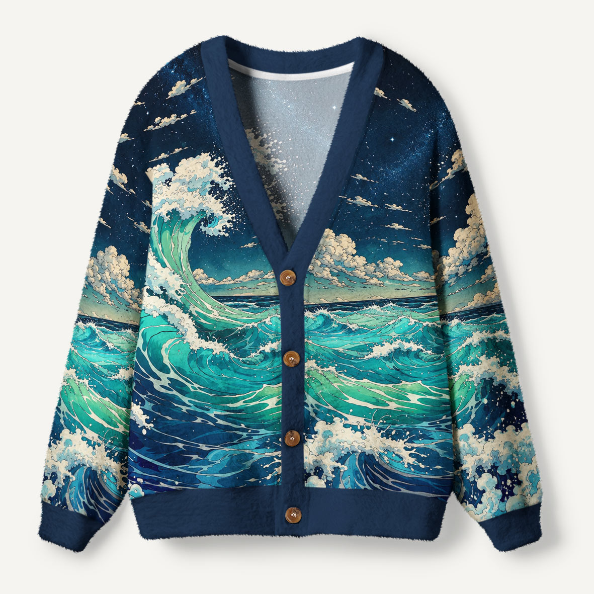 Moonlit Ocean Wave Art Ugly Cardigan Sweaters