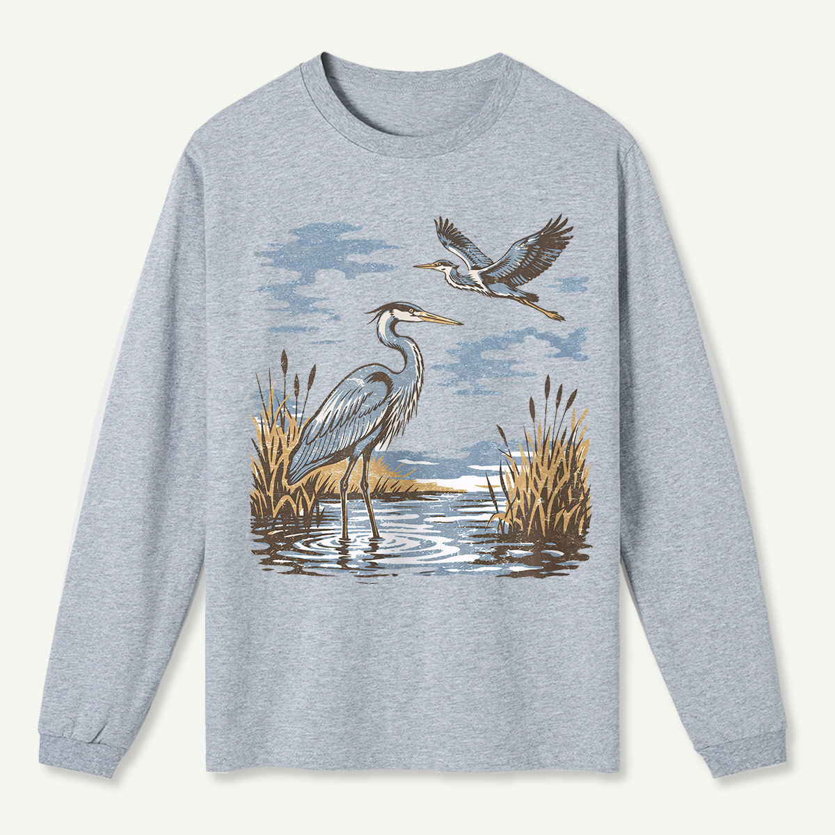 Vintage Heron Wetland Bird Nature  Long Sleeve T-Shirt