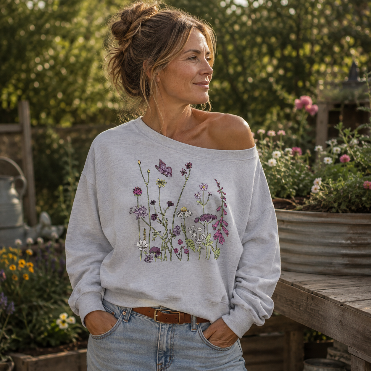 Wildflower Meadow Botanical Sketch Women Off Shoulder Sweatshirt