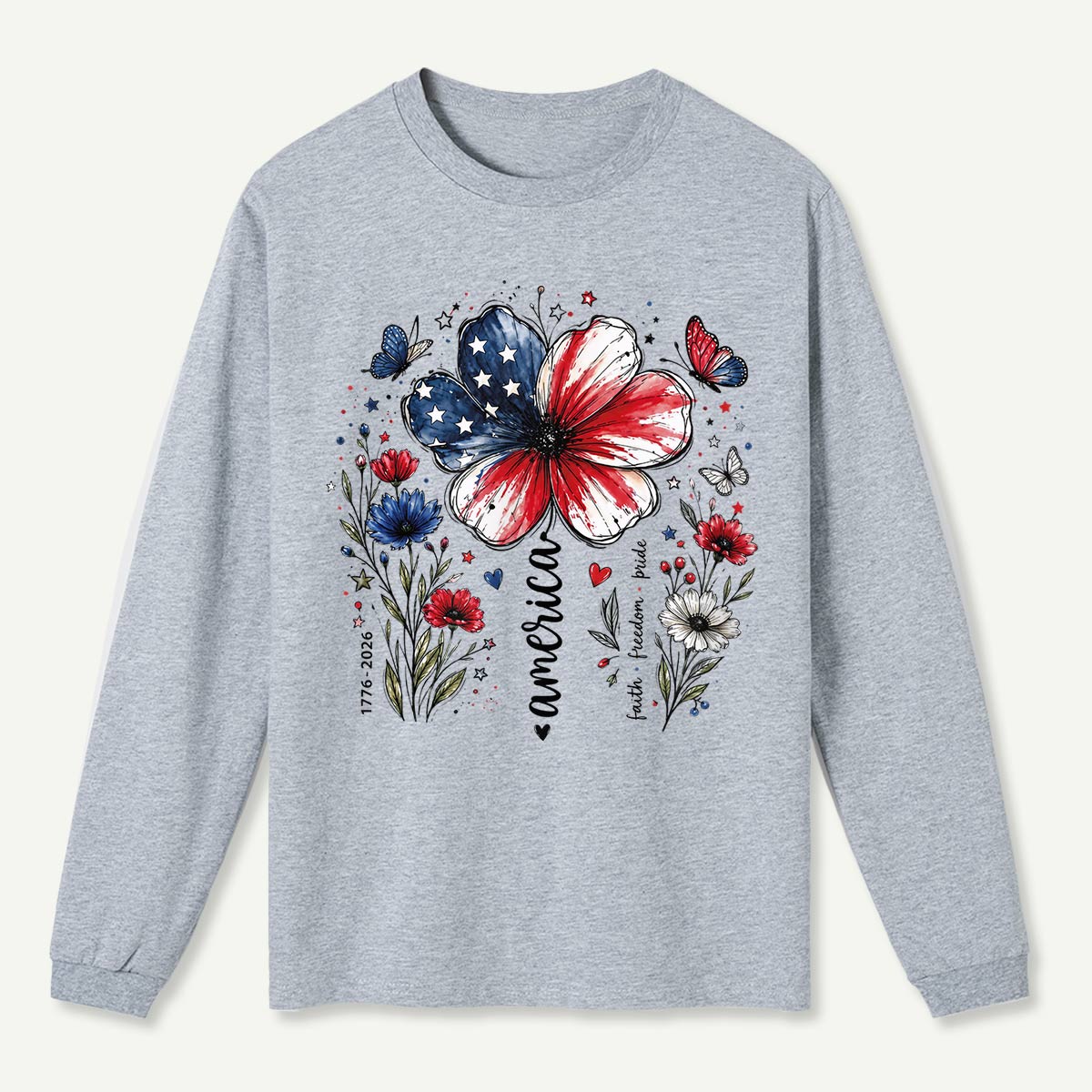 USA 250th Anniversary Floral Long Sleeve T-Shirt