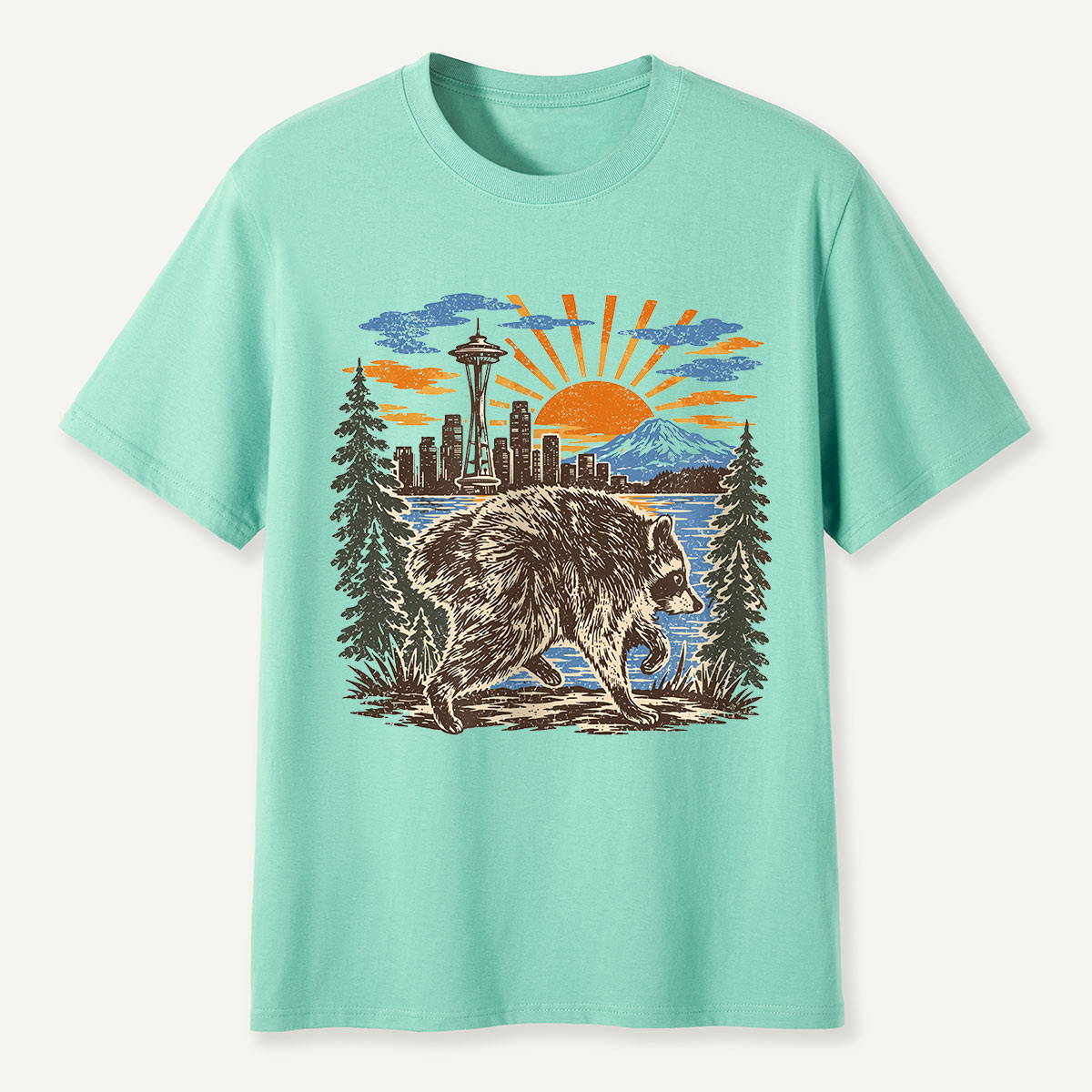 Jimothy Seattle Skyline Sunset Raccoon T-Shirt