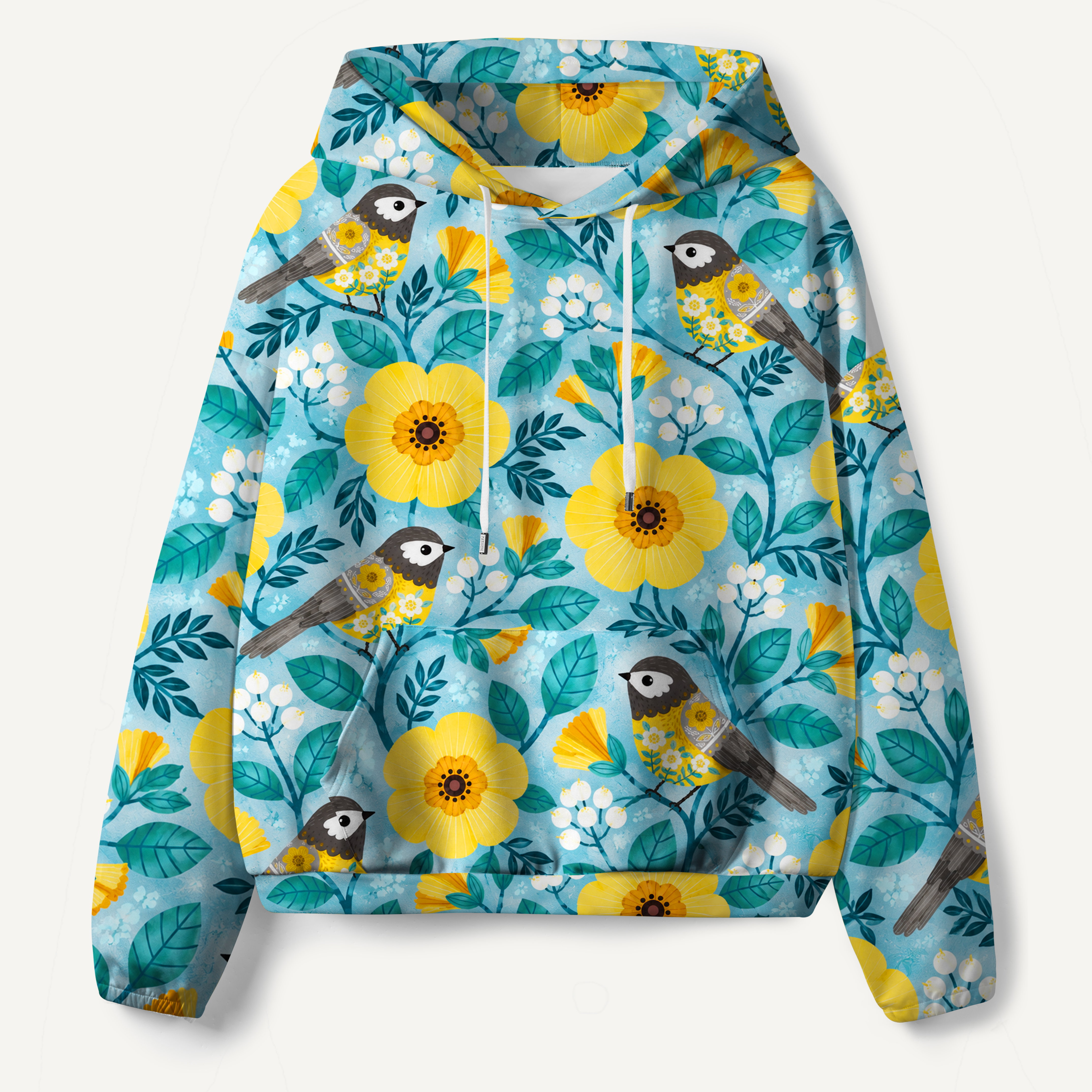 Songbirds And Yellow Flowers Pattern All-over Printed Hoodie