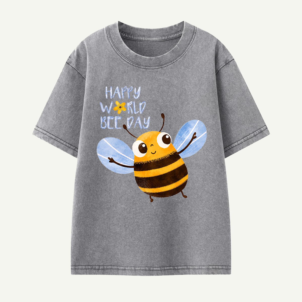 Happy World Bee Day Cute Bee Kids Washed T-Shirt