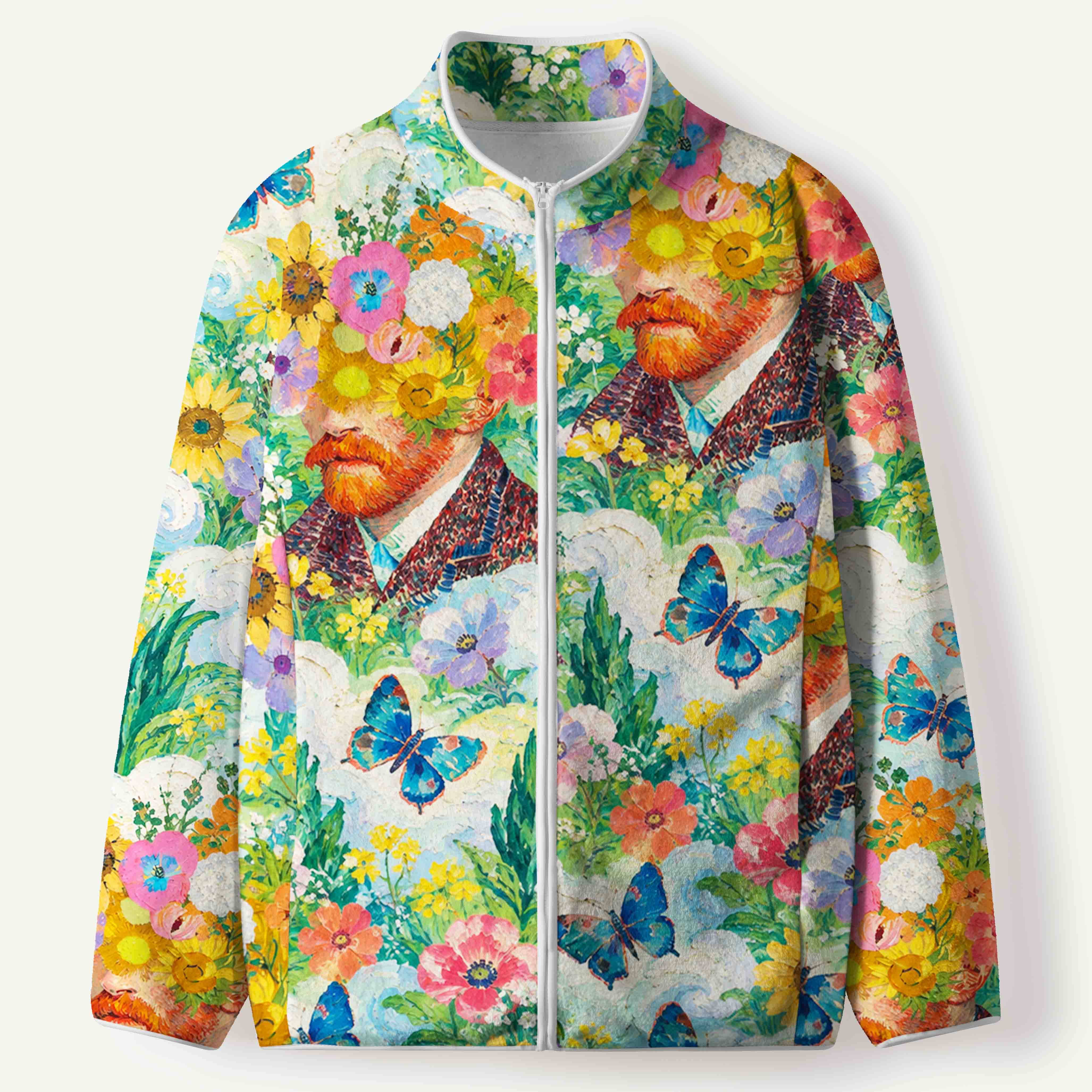 Van Gogh Inspired Floral Portrait Butterfly And Colorful Bouquet Women's Flannel Zip Front Cardigan