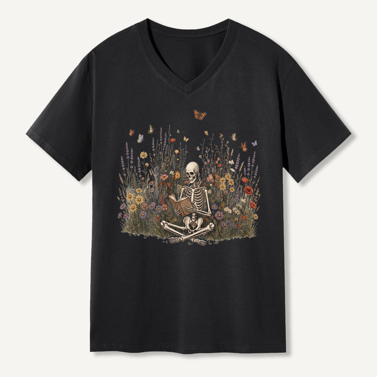 Skeleton Meditation Wildflower Garden V-neck T-Shirt