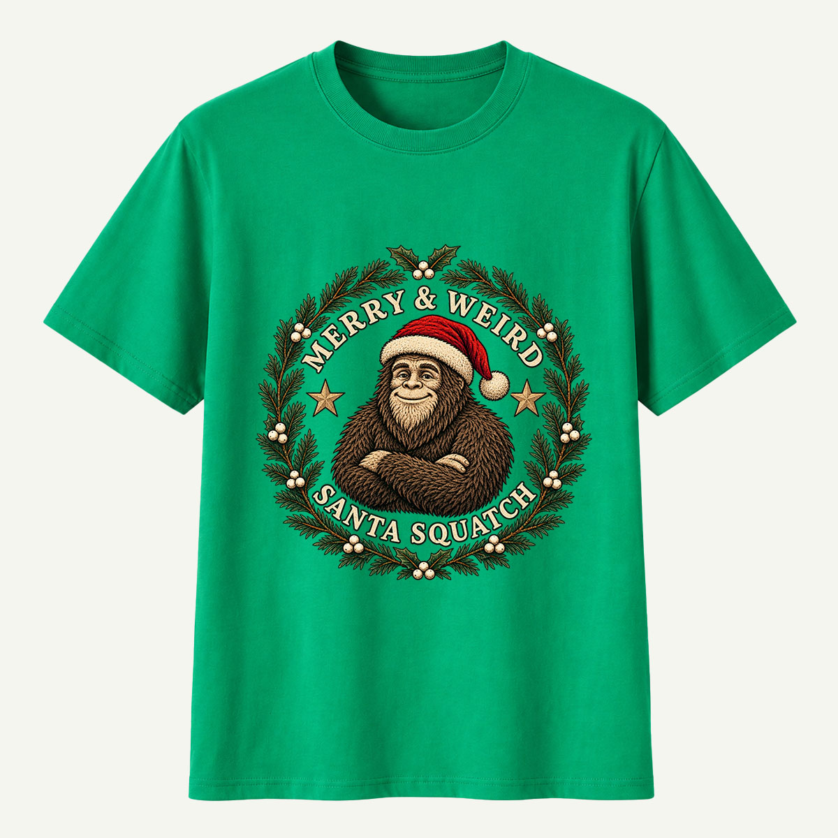 Merry And Weird Santa Squatch Christmas Wreath T-Shirt