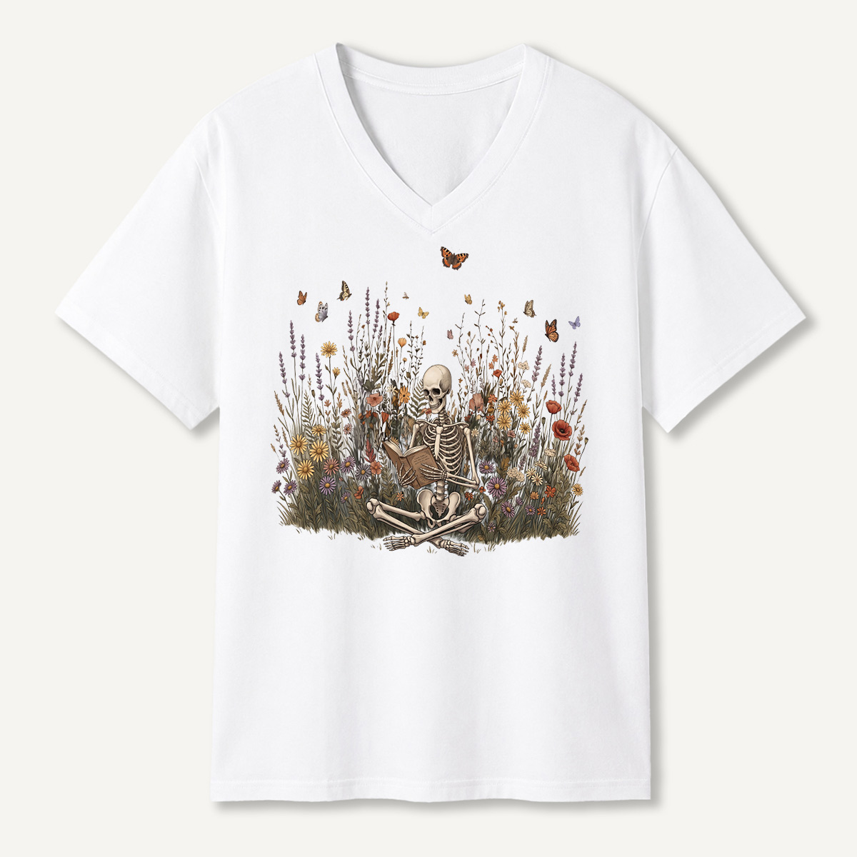 Skeleton Meditation Wildflower Garden V-neck T-Shirt