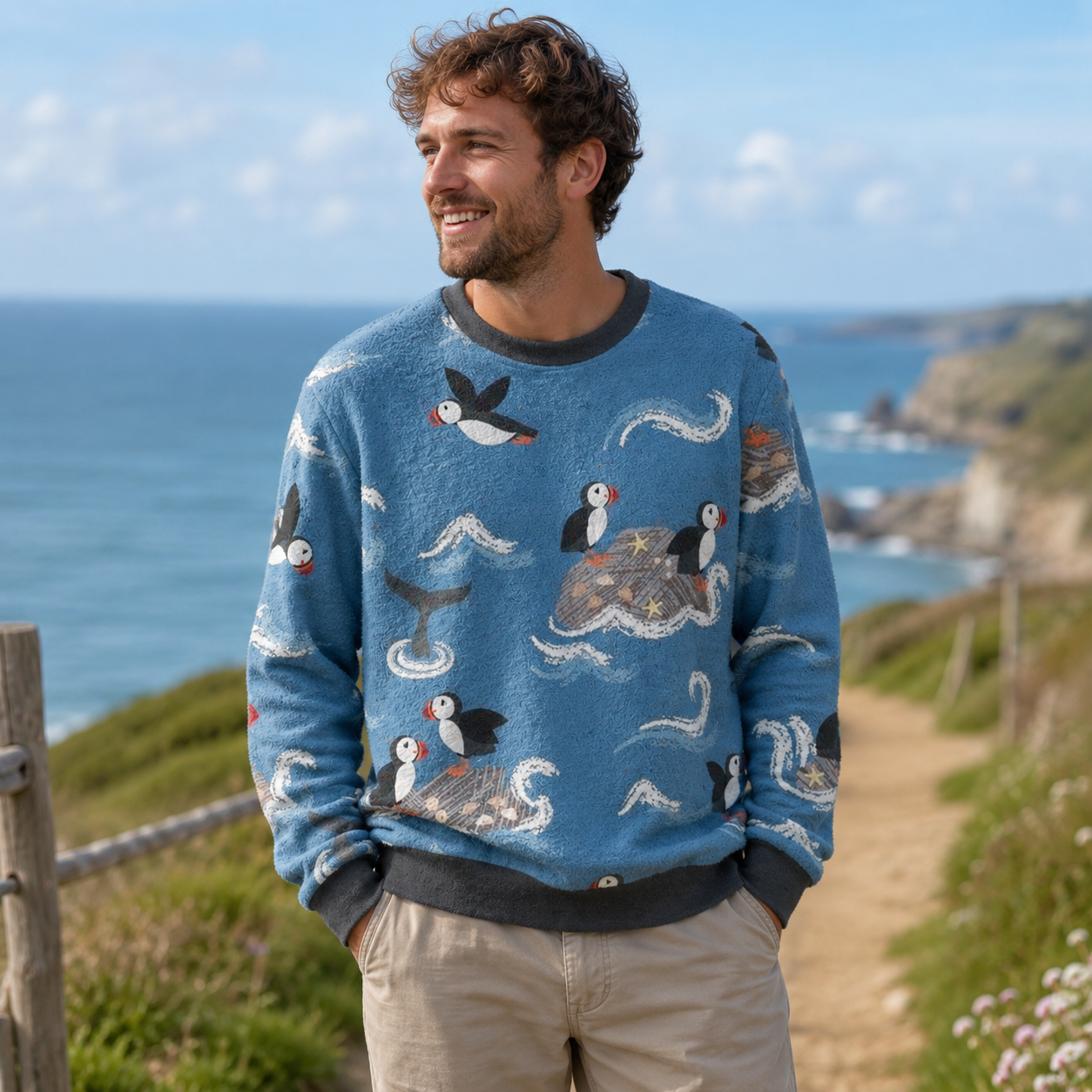 Puffin Party at Sea Ugly Fuzzy Fleece Sweatshirt