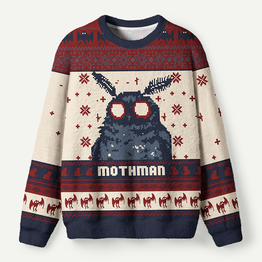 Mothman Retro Christmas Snowflake Fair Isle Pattern Ugly Fuzzy Fleece Sweatshirt
