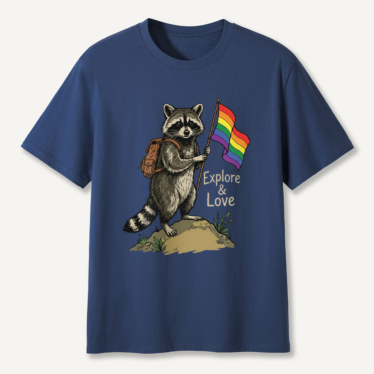 Raccoon Holding Rainbow Flag Explore and Love T-Shirt