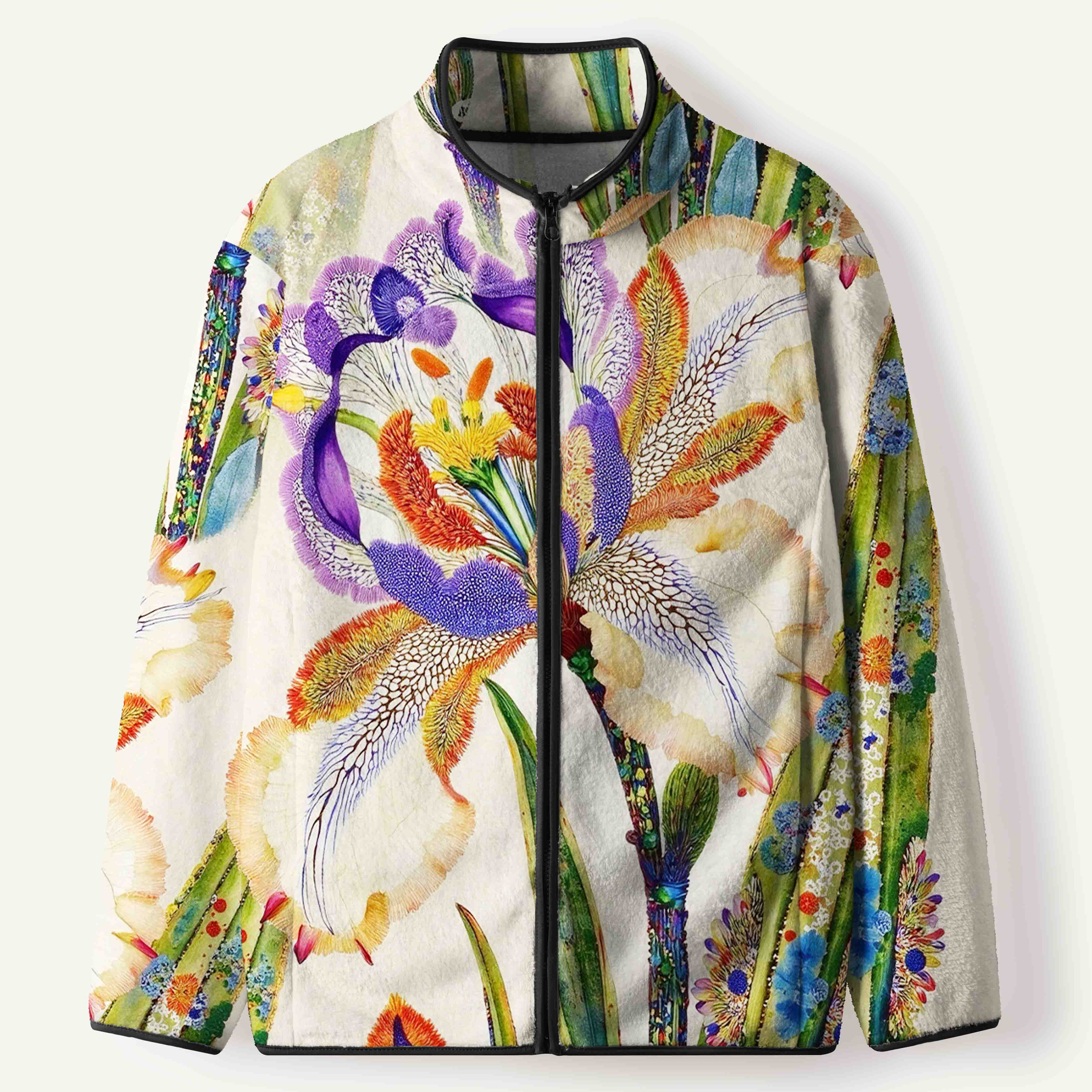 Purple Orange Iris Botanical Art Women's Flannel Zip Front Cardigan