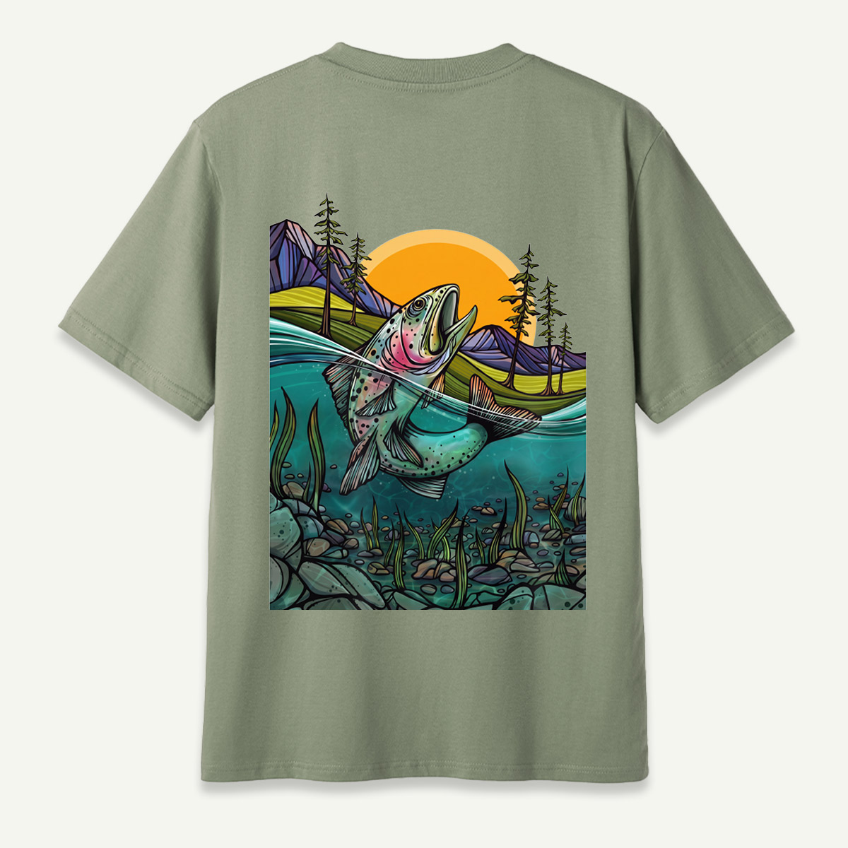 Leaping Trout River Mountain Sunset Landscape T-Shirt