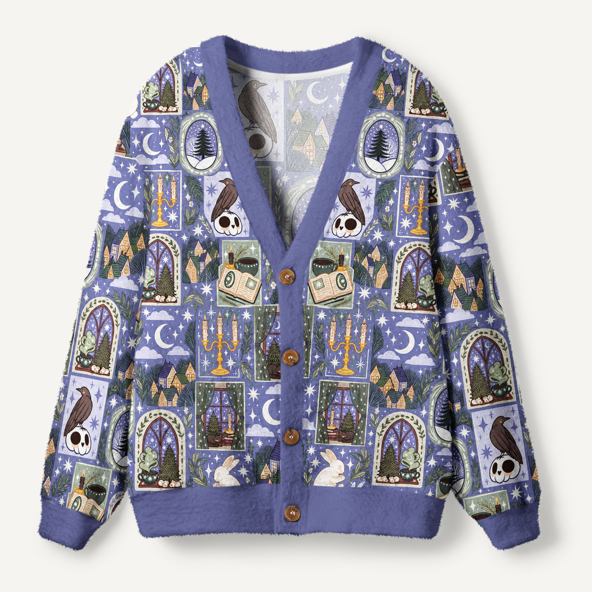 Moonlit Forest Raven And Rabbit Mystical Collage Ugly Cardigan Sweaters