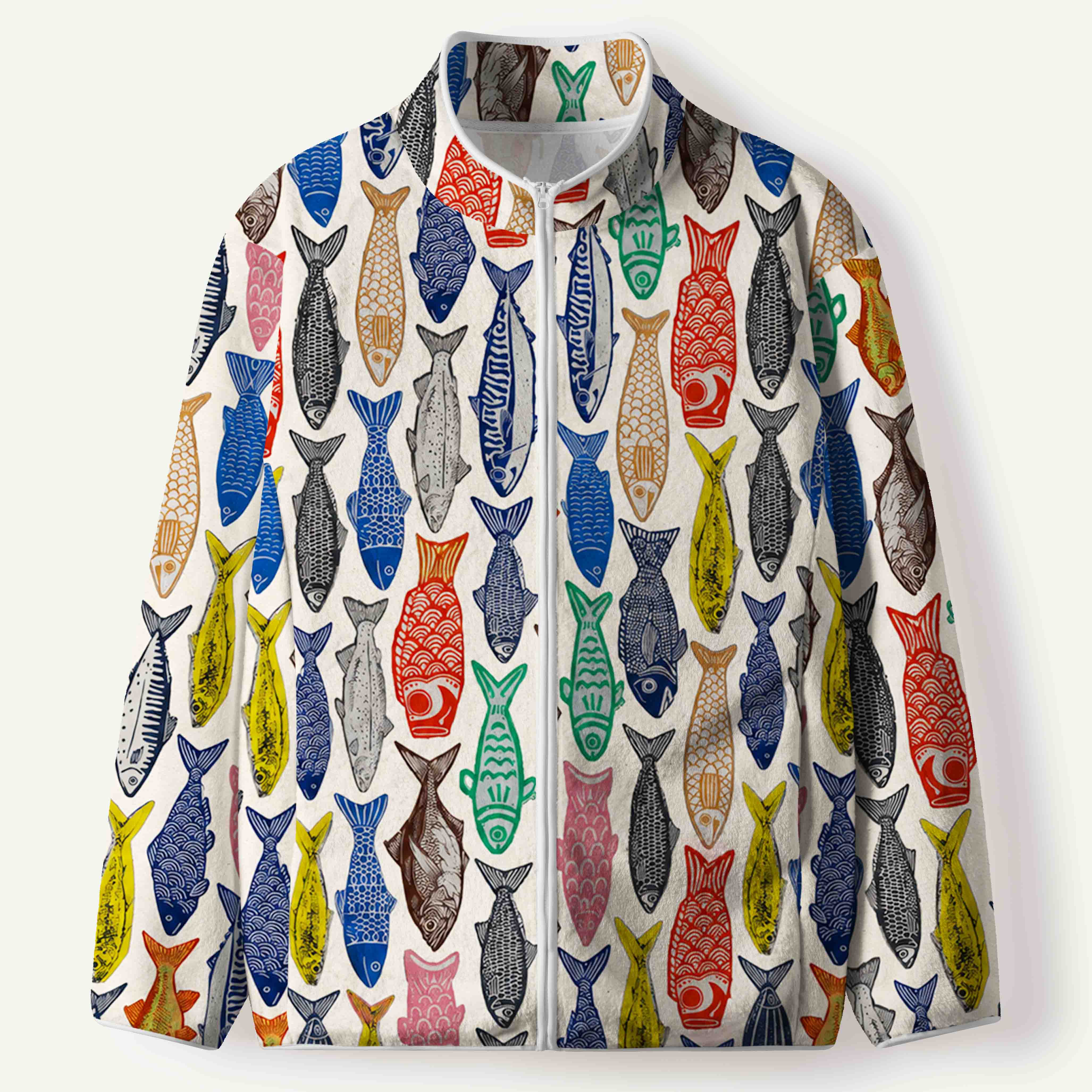 Vintage Colorful Fish Folk Art Marine Pattern Men's Flannel Zip Front Cardigan