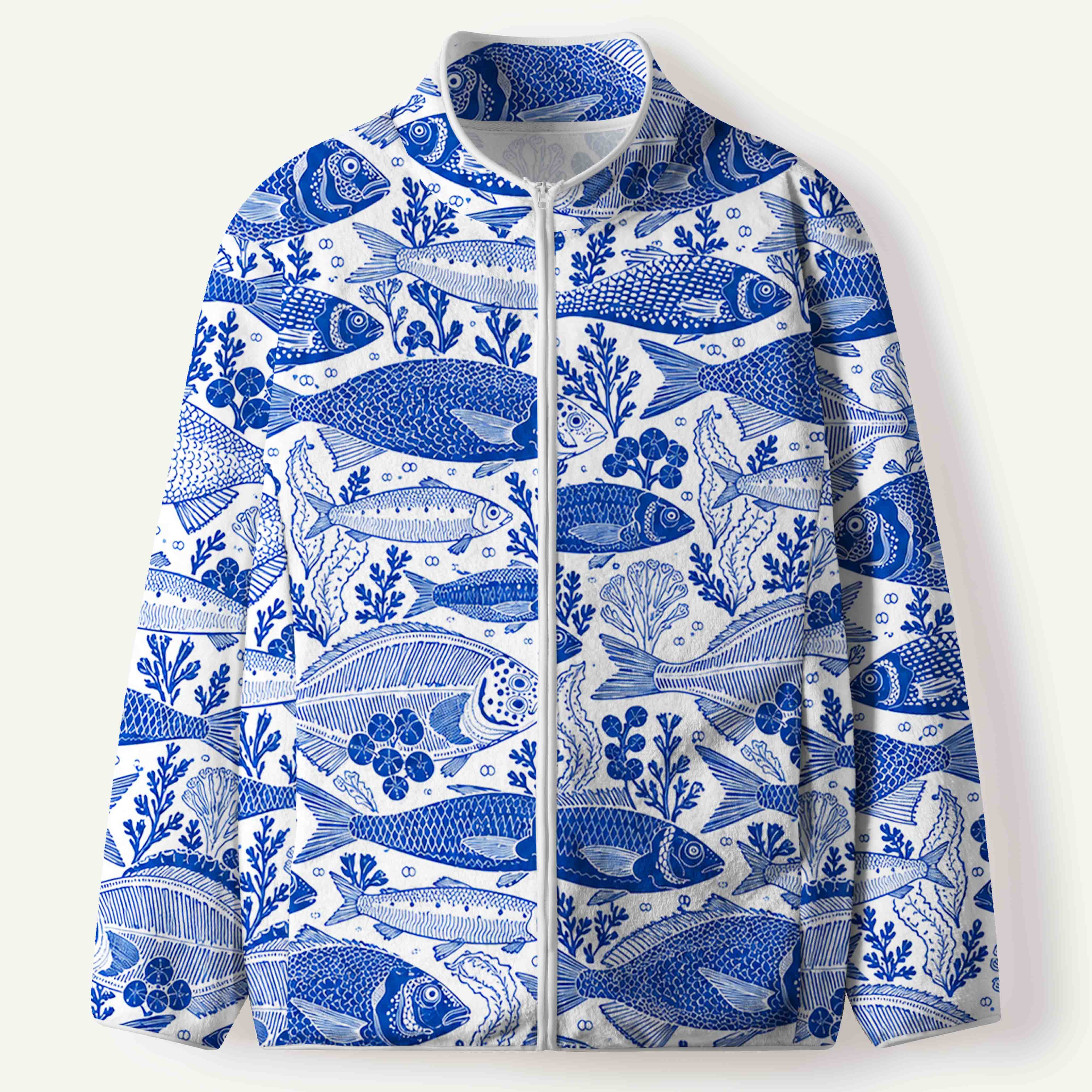 Blue And White Ocean Fish Vintage Marine Life Illustration Men's Flannel Zip Front Cardigan