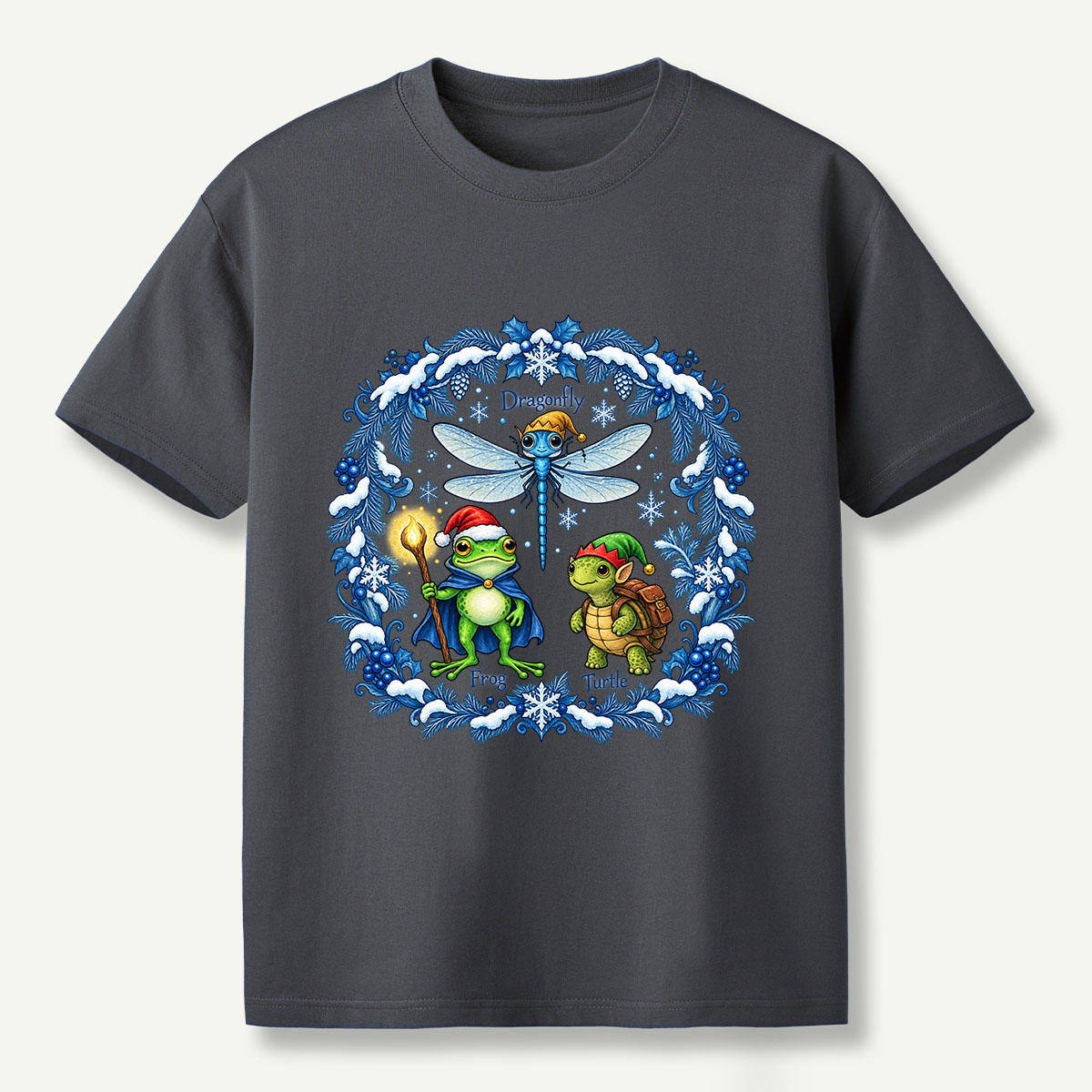 Fantasy Winter Forest Dragonfly Frog And Turtle Companions T-Shirt