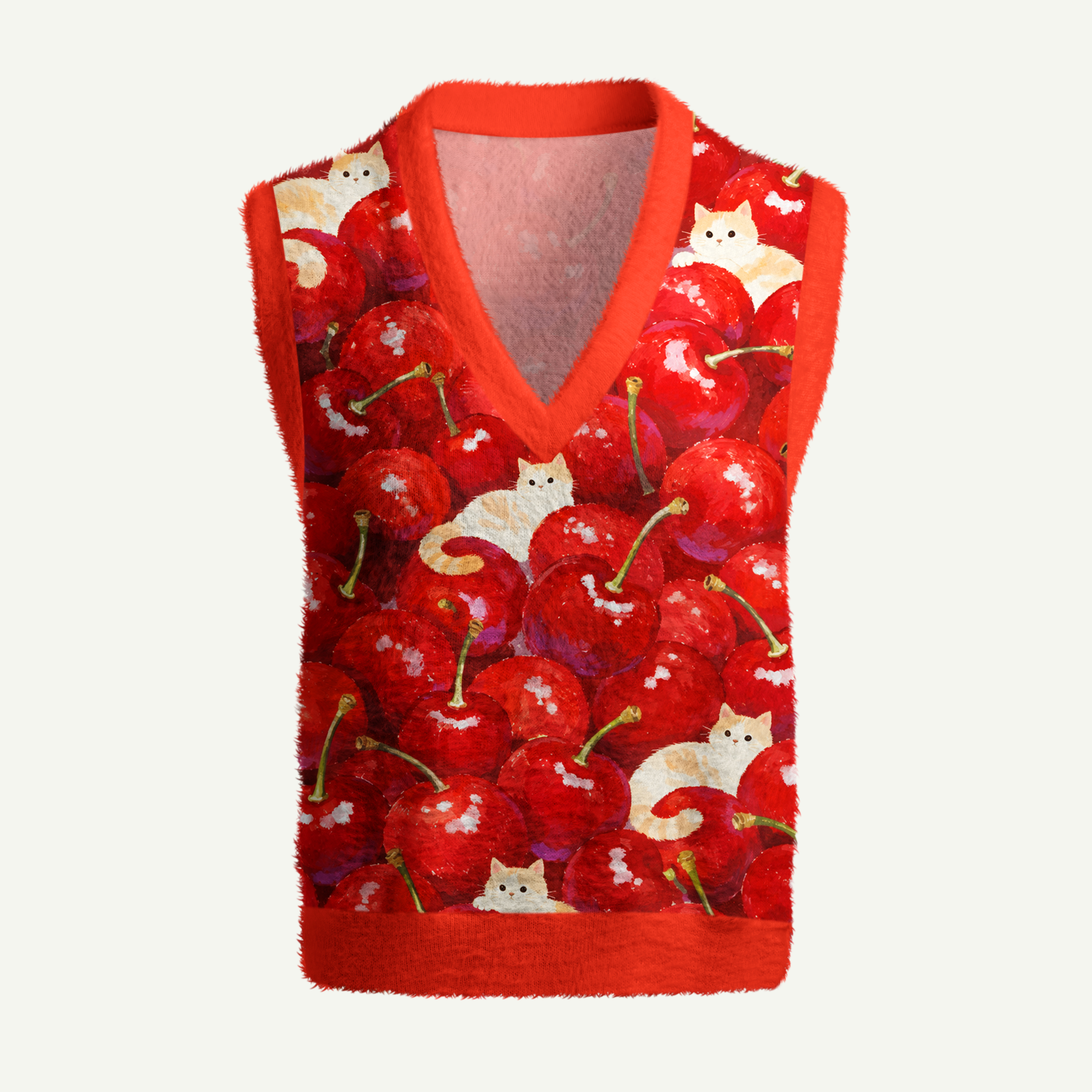 Cream Cats In Cherry Garden Women's Fuzzy Vest Sweater