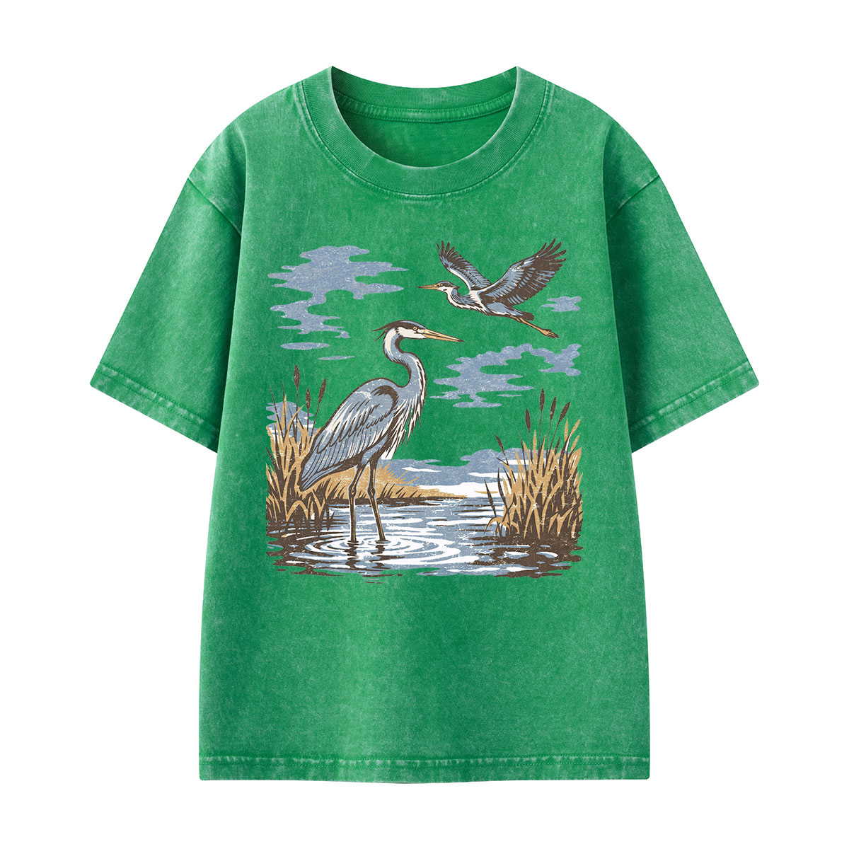 Vintage Heron Wetland Bird Nature Kids Washed T-Shirt