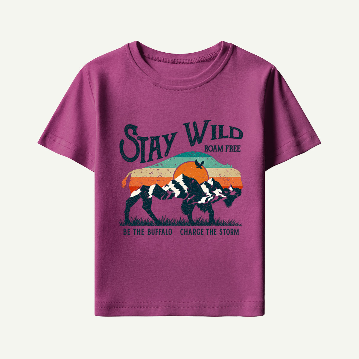 Stay Wild Roam Free Be The Buffalo Charge The Storm Vintage Buffalo Landscape Kids T-Shirt