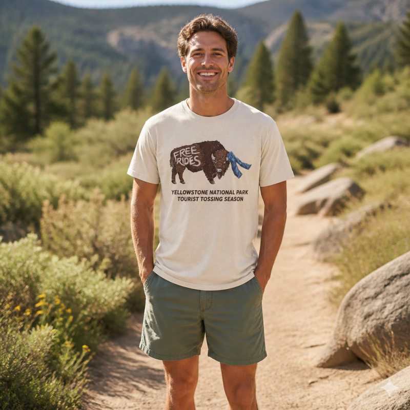 Yellowstone Tourist Tossing Season Free Rides Bison T-Shirt