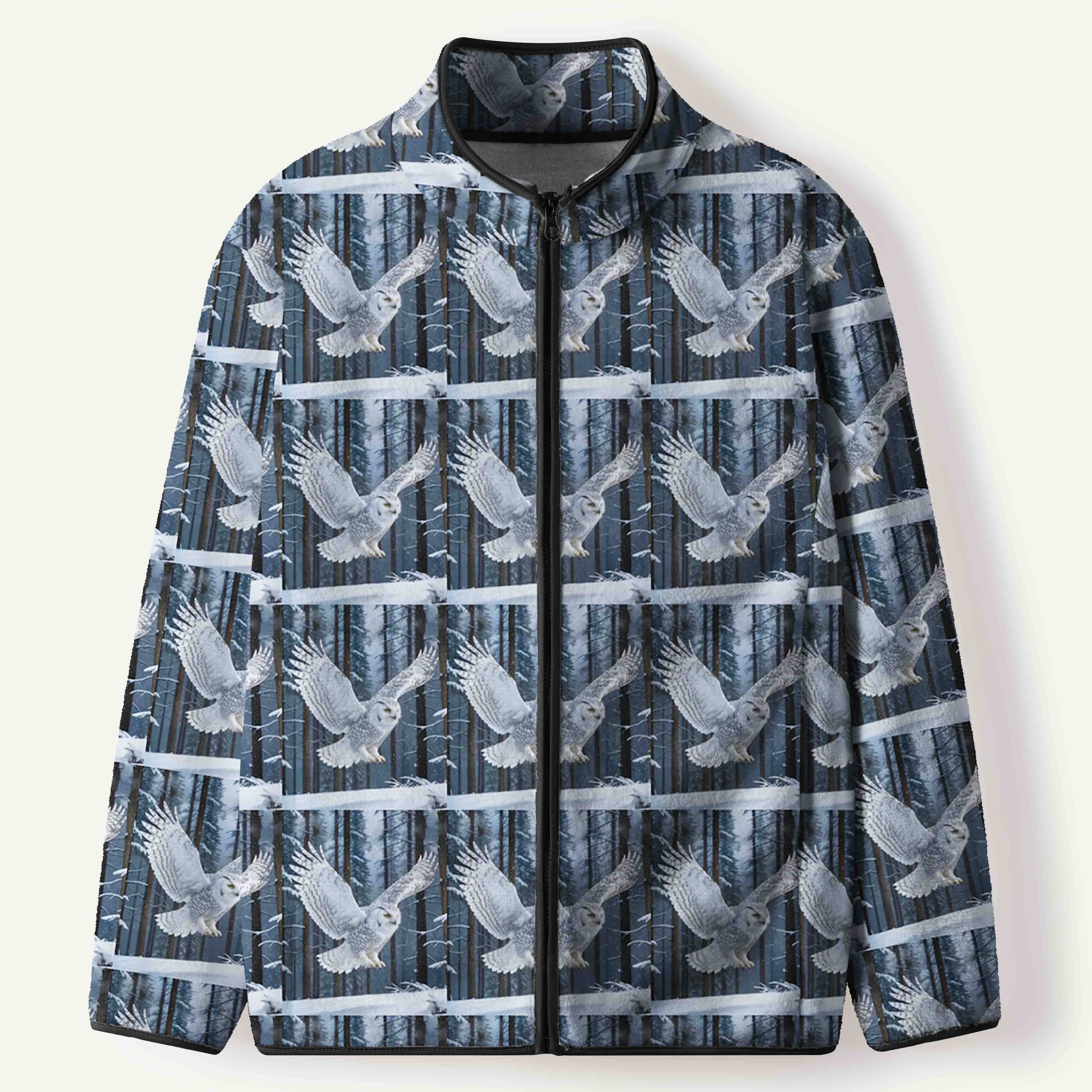 Snowy Owl Flying Through Winter Forest Men's Flannel Zip Front Cardigan