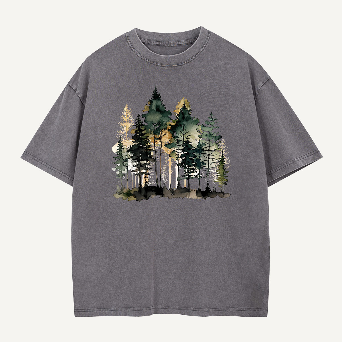 Watercolor Pine Forest Landscape Washed T-Shirt