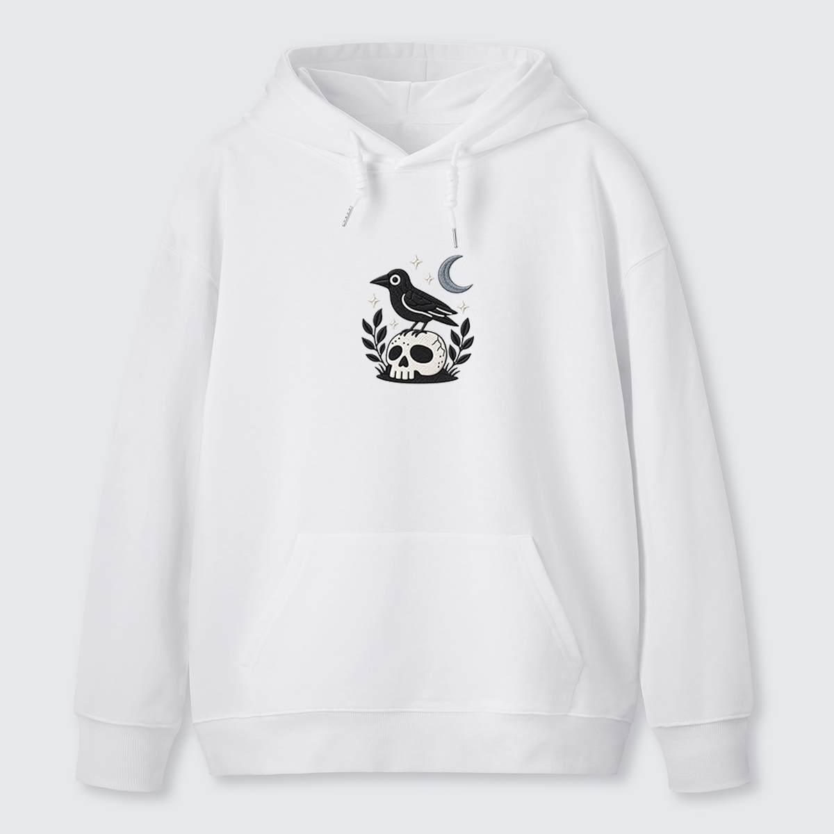 Moon Raven Floral Emblem Embroidered Cotton Hoodie
