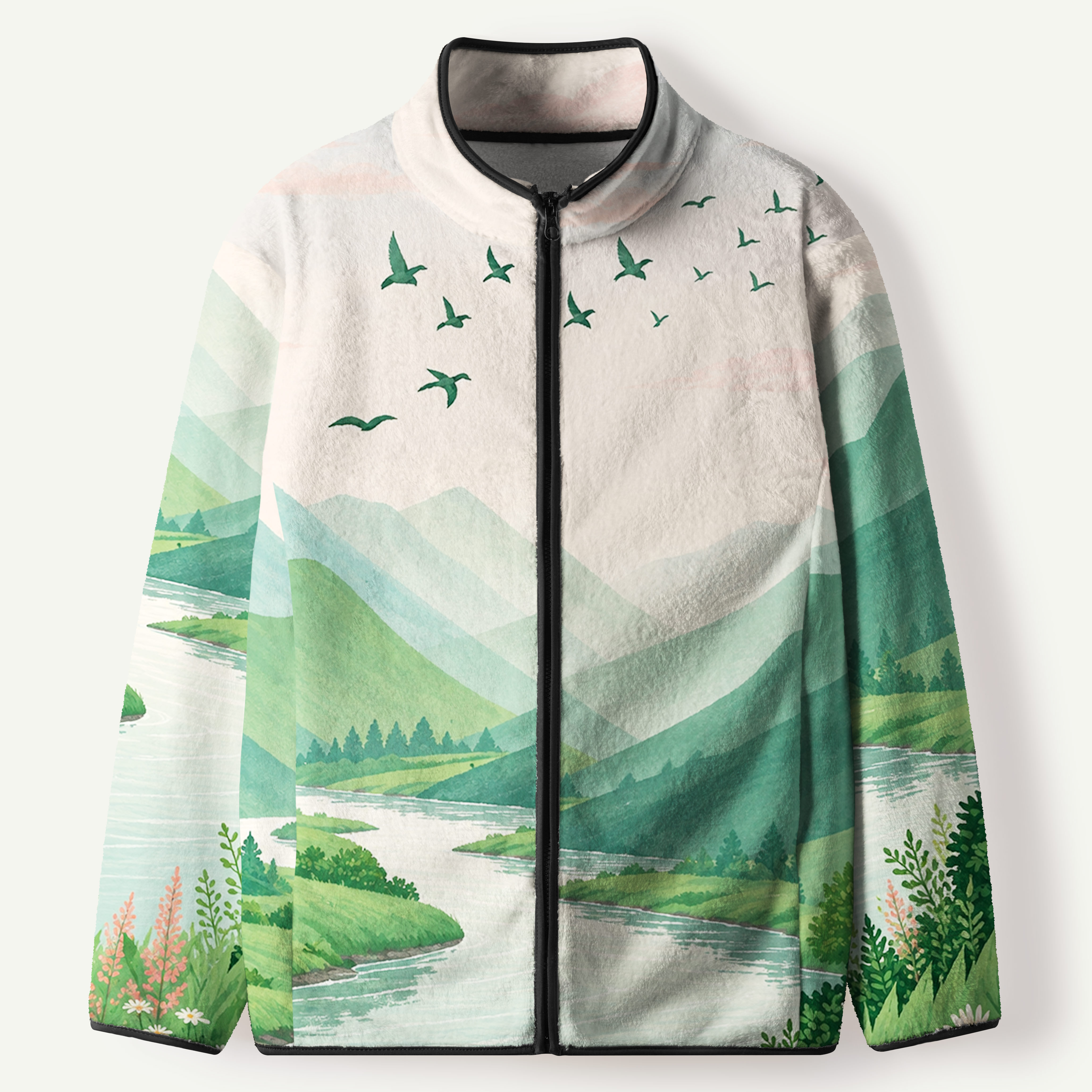 Birds Over Mountain River Valley Women's Flannel Zip Front Cardigan